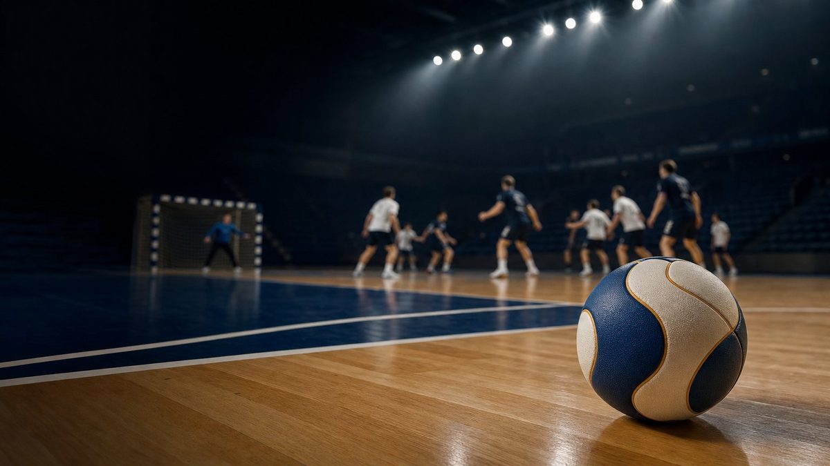 Handball auf dem Hallenboden im Vordergrund, im Hintergrund unscharfe Spieler und das Tor
