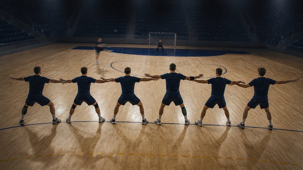 Abwehrreihe aus sechs Handballspielern von hinten und oben vor dem Torraum