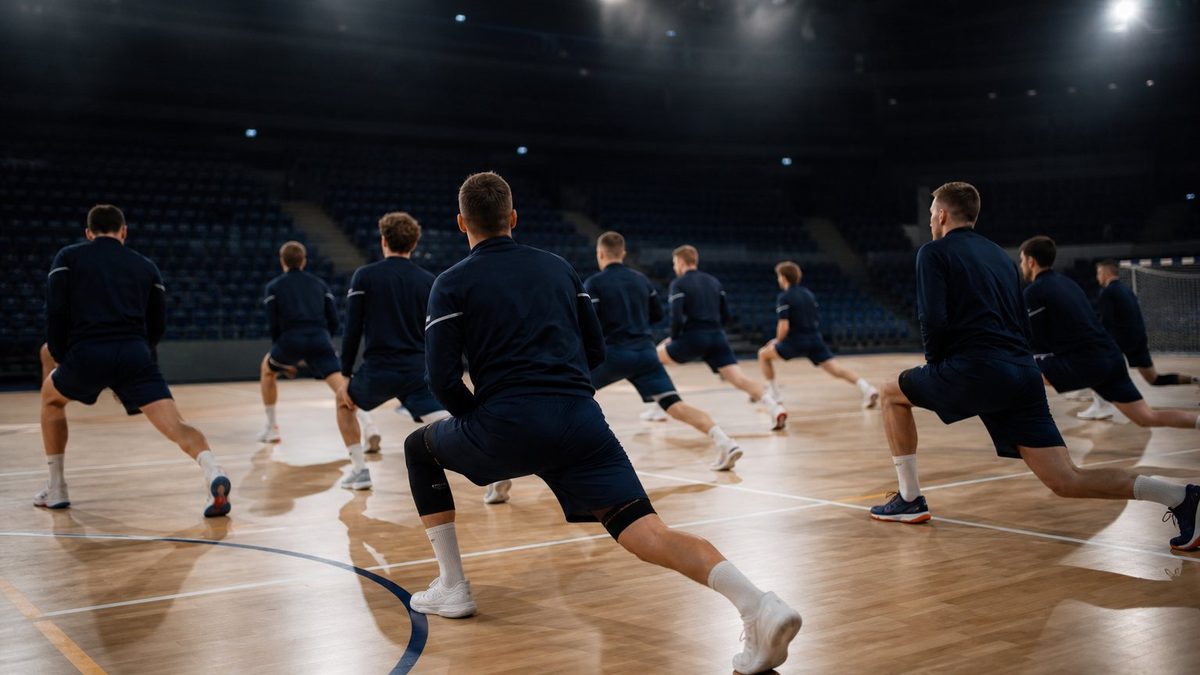 Handballmannschaft von hinten beim Aufwärmen in einer Reihe auf dem Hallenboden