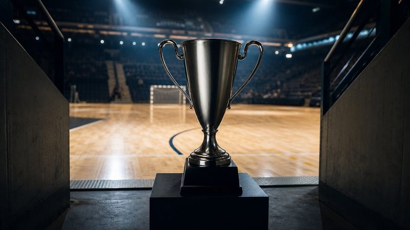 Silberner Pokal ohne Beschriftung auf einem dunklen Sockel am Spielertunnel einer Halle