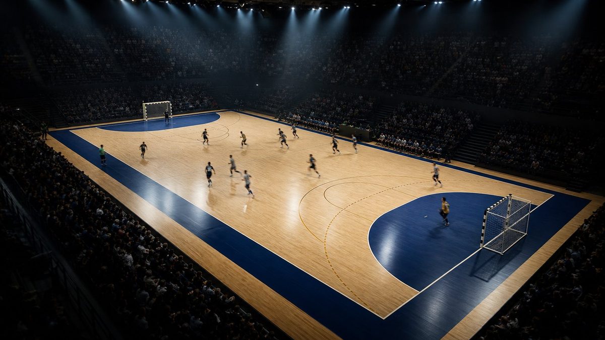Große Handballarena während eines Spiels aus erhöhter Ecke, beleuchtetes Spielfeld