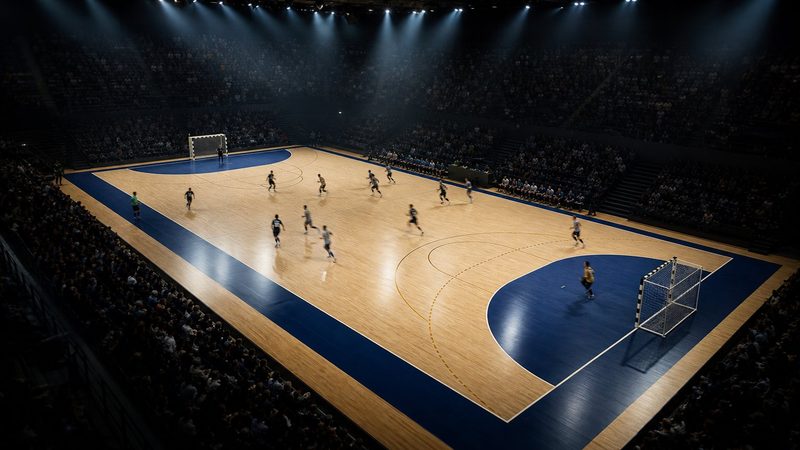 Große Handballarena während eines Spiels aus erhöhter Ecke, beleuchtetes Spielfeld