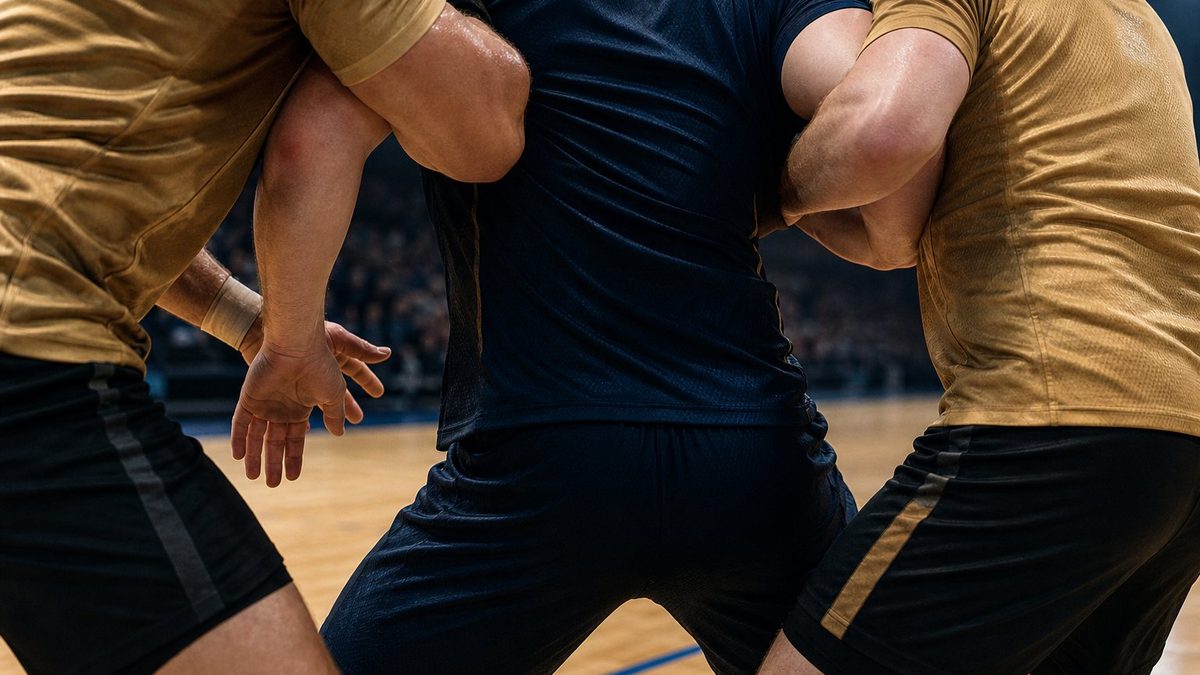 Kreisläufer von hinten zwischen zwei Abwehrspielern am Torraumkreis, Oberkörper in Körperkontakt