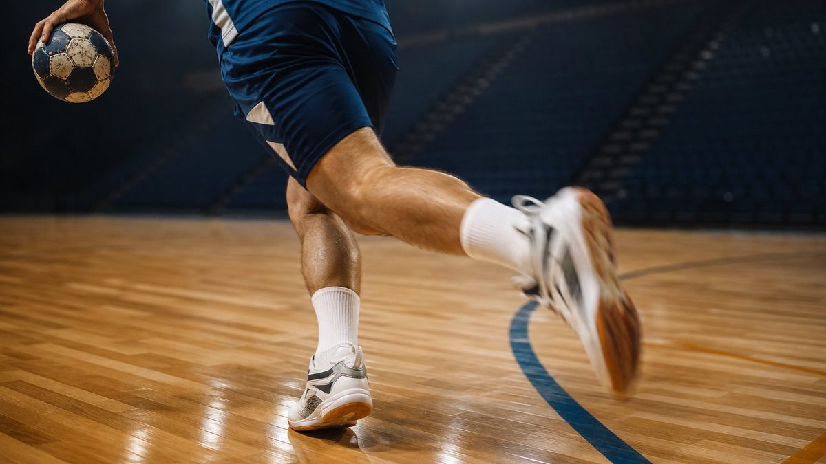 Beine und Schuhe eines Handballspielers im Laufschritt auf dem Hallenboden, Ball in einer Hand