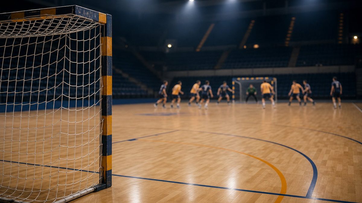 Leeres Handballtor im Vordergrund, entfernte Spielergruppe am anderen Ende des Feldes