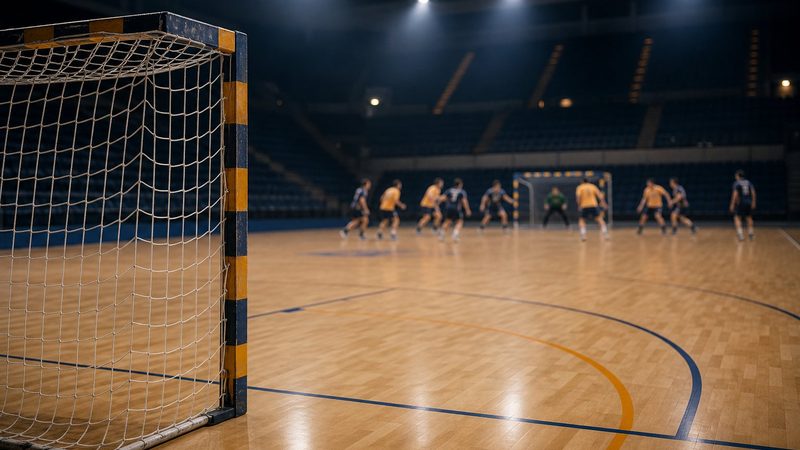 Leeres Handballtor im Vordergrund, entfernte Spielergruppe am anderen Ende des Feldes