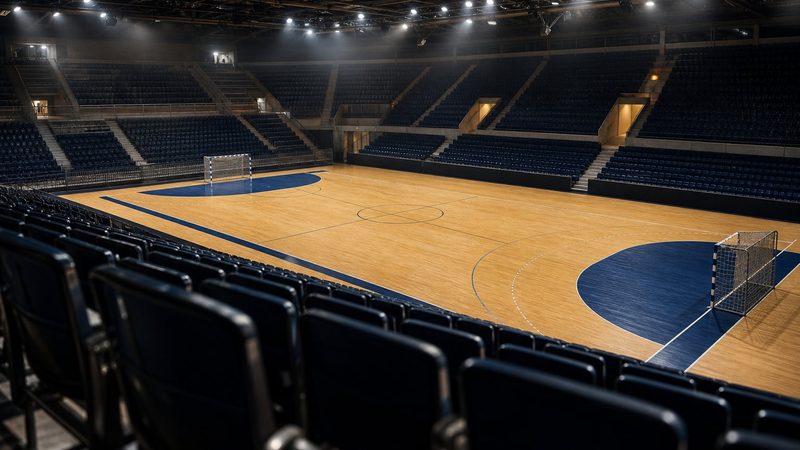 Leere Handballhalle von den oberen Rängen, dunkelblaue Sitzreihen im Vordergrund