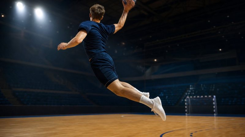 Handballspieler von hinten im Sprungwurf, Wurfarm gestreckt, Ball über dem Kopf