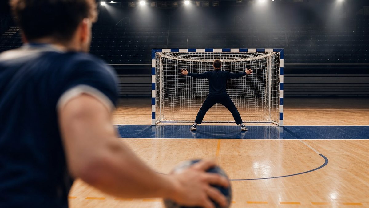 Handballtorwart in Abwehrhaltung im Tor, aufgenommen über die Schulter des Werfers
