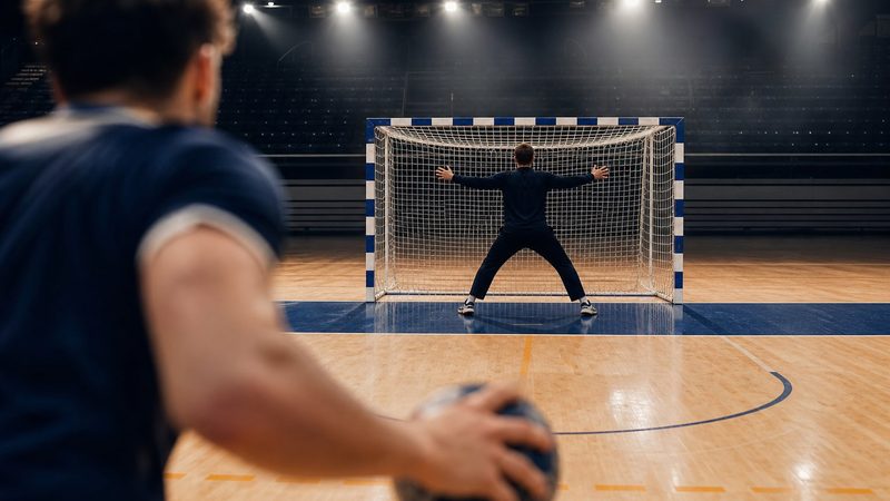 Handballtorwart in Abwehrhaltung im Tor, aufgenommen über die Schulter des Werfers