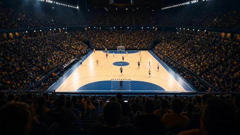 Blick von den oberen Rängen auf ein Handballspiel in einer vollen Arena, beleuchtetes Spielfeld vor dunklen Zuschauerrängen