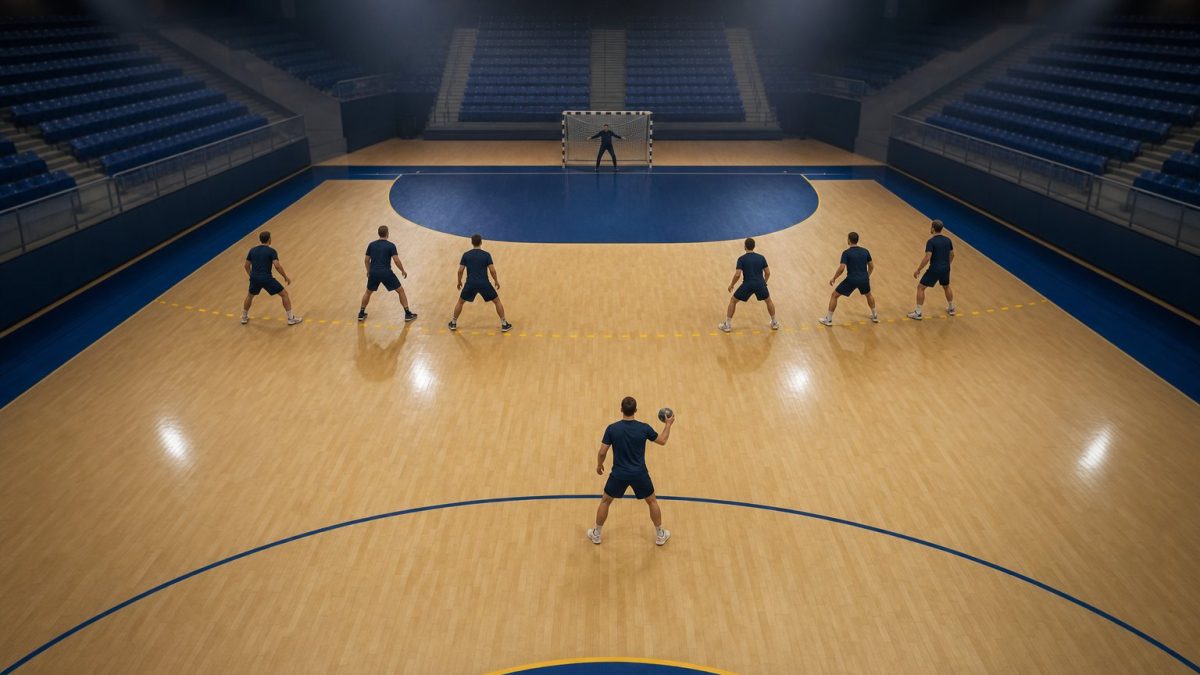 Sechs Handball-Abwehrspieler in einer Reihe vor dem Torraum, von hinten und oben aufgenommen, davor ein Angreifer mit Ball