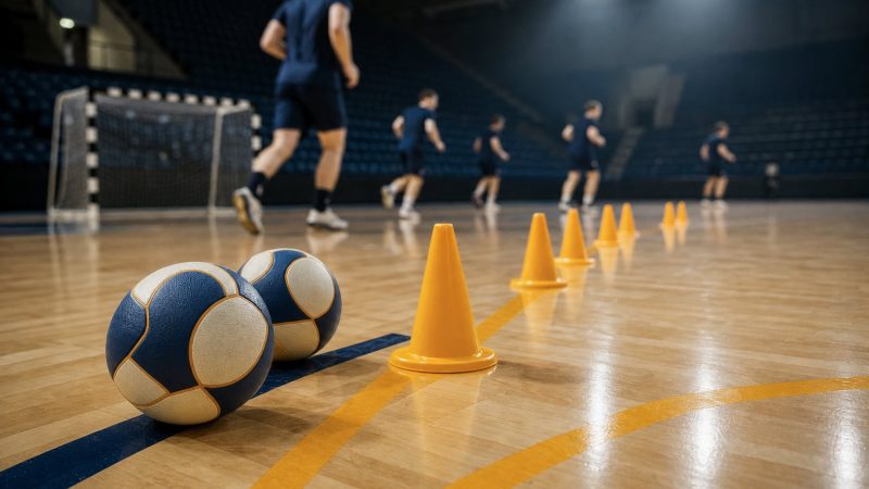 Handbälle und eine Reihe Trainingshütchen auf dem Hallenboden, dahinter Spieler im Übungsbetrieb